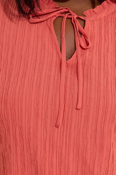 Yours Curve Coral Orange Textured Frill Neck Top