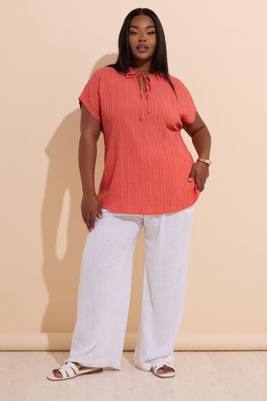 Yours Curve Coral Orange Textured Frill Neck Top