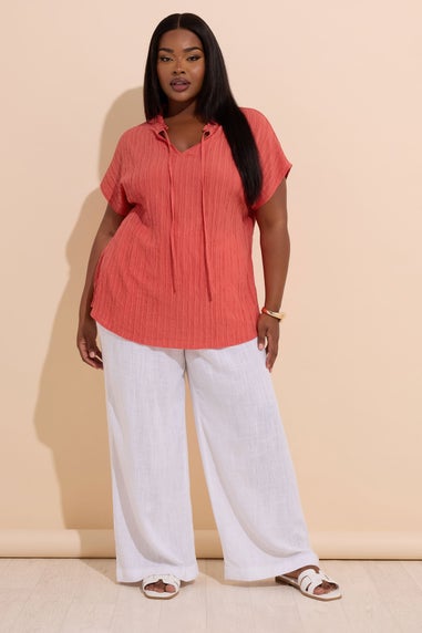 Yours Curve Coral Orange Textured Frill Neck Top
