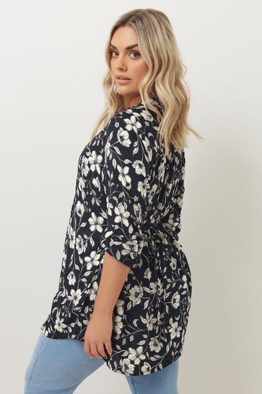 YOURS Curve Navy Blue Floral Pintuck Blouse