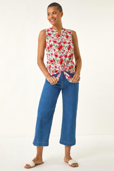 Roman Red Floral Tie Front Blouse