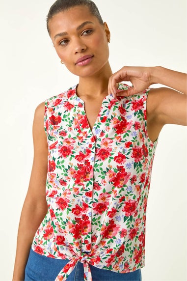 Roman Red Floral Tie Front Blouse