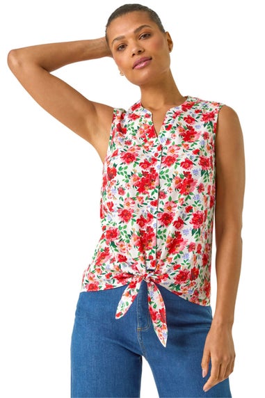 Roman Red Floral Tie Front Blouse