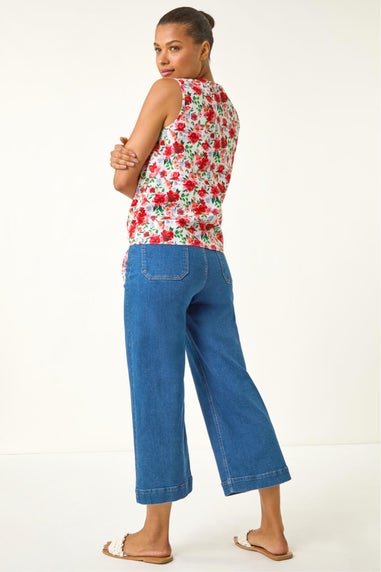 Roman Red Floral Tie Front Blouse