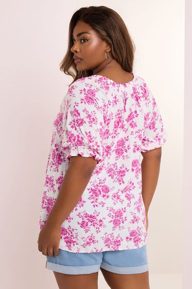 Yours Curve Pink Rose Print Notch Neck Blouse