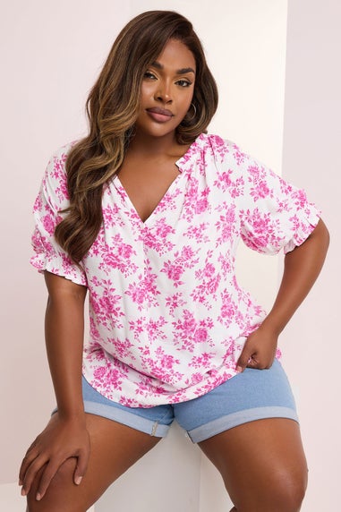 Yours Curve Pink Rose Print Notch Neck Blouse