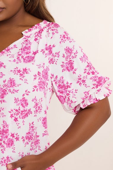 Yours Curve Pink Rose Print Notch Neck Blouse