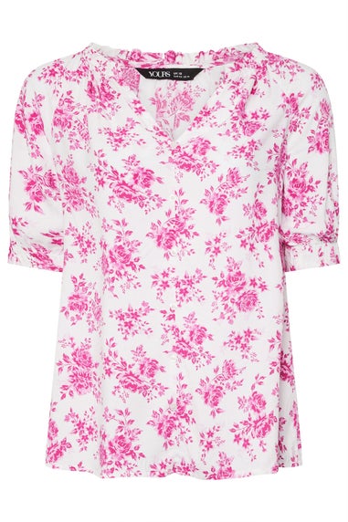 Yours Curve Pink Rose Print Notch Neck Blouse
