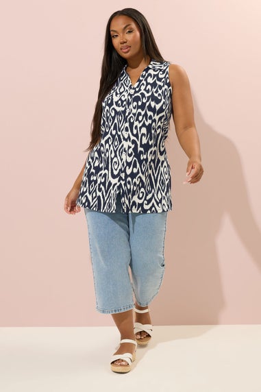 Yours Curve Navy Blue Textured Ikat Sleeveless Shirt