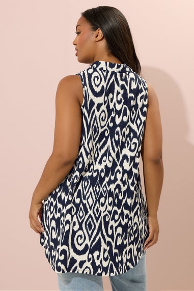 Yours Curve Navy Blue Textured Ikat Sleeveless Shirt