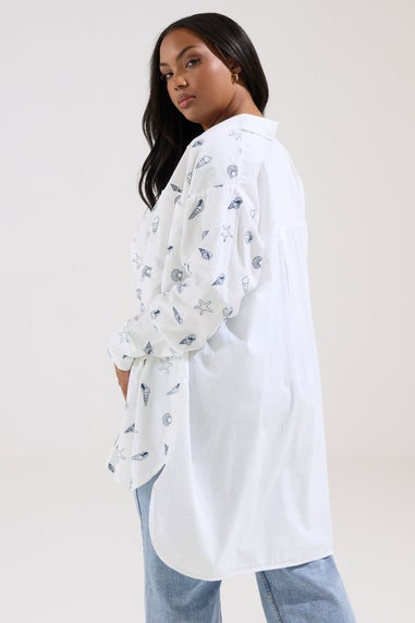 Yours Curve White Embroidered Seashell Oversized Shirt