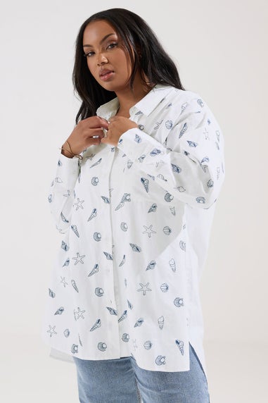 Yours Curve White Embroidered Seashell Oversized Shirt