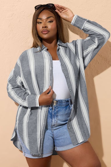 Yours Curve Blue Stripe Linen Shirt