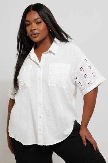 Yours Curve White Broderie Anglaise Linen Shirt