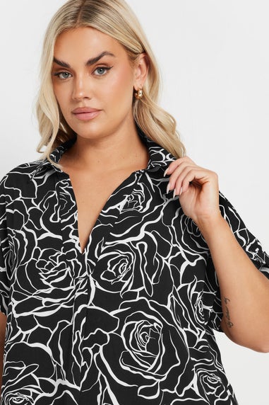 YOURS Curve Black Floral Print Collared Blouse