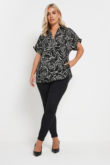 YOURS Curve Black Floral Print Collared Blouse