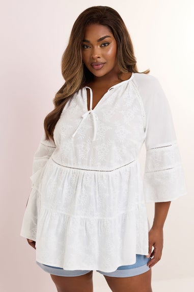 YOURS Curve White Embroidered Tie Front Smock Blouse