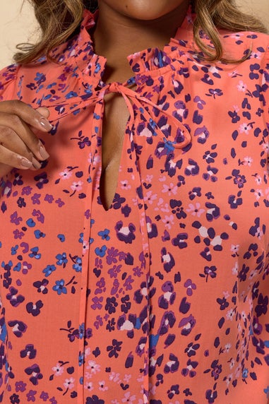 Yours Curve Orange Floral Tie Neck Blouse