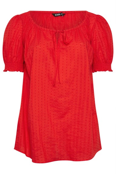 Yours Curve Red Dobby Tie Neck Blouse