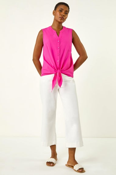 Roman Cerise Cotton Tie Front V-Neck Blouse