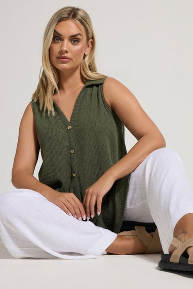 YOURS Curve Khaki Green Textured Sleeveless Shirt