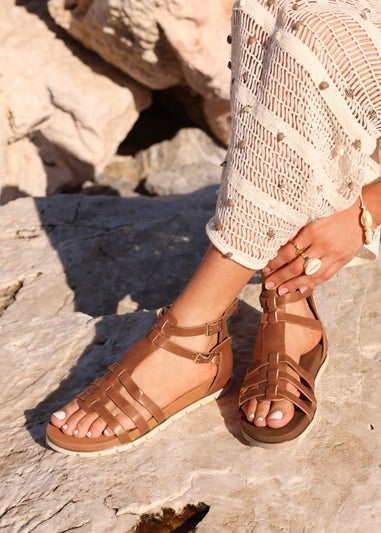 Linzi Tour Tan Faux Leather Gladiator Style T Bar Sandals