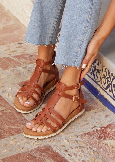 Linzi Tour Tan Faux Leather Gladiator Style T Bar Sandals