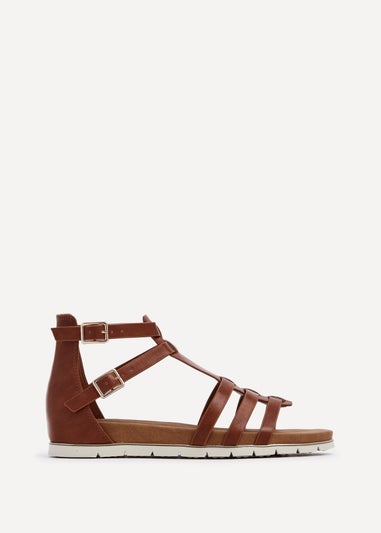 Linzi Tour Tan Faux Leather Gladiator Style T Bar Sandals