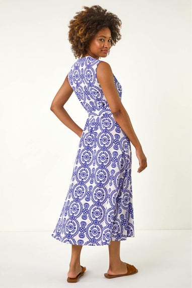 Roman Royal Blue Circle Print Belted Midi Dress