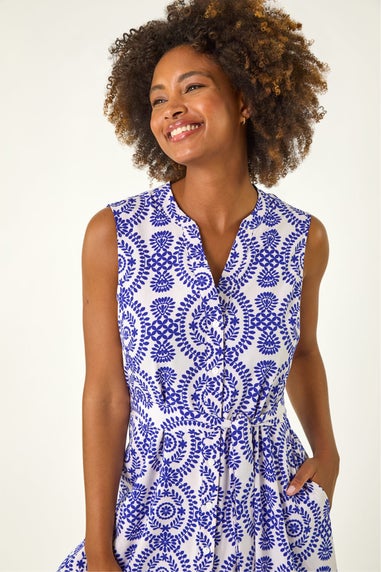 Roman Royal Blue Circle Print Belted Midi Dress