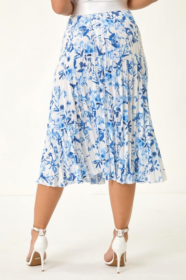 Roman Blue Petite Floral Pleated Midi Skirt