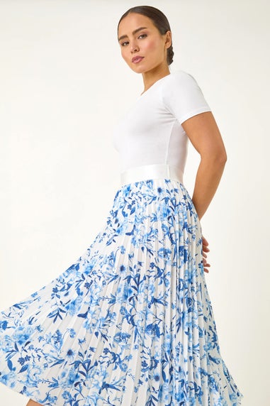 Roman Blue Petite Floral Pleated Midi Skirt