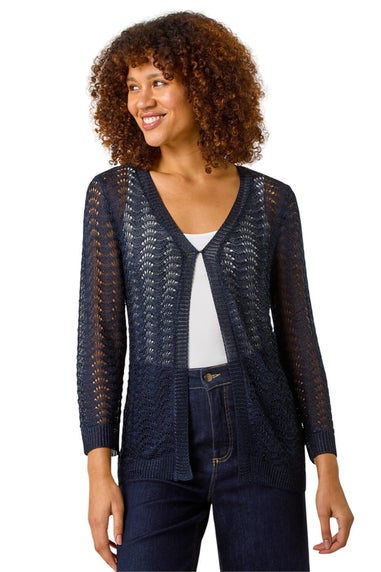 Roman Navy Textured Crochet Knit Shrug
