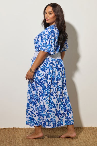 Yours Curve Blue Palm Print Crochet Maxi Kimono