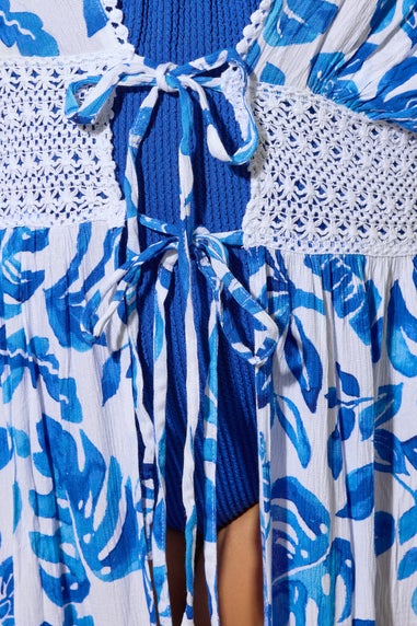 Yours Curve Blue Palm Print Crochet Maxi Kimono