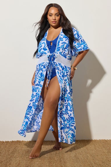 Yours Curve Blue Palm Print Crochet Maxi Kimono