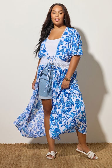 Yours Curve Blue Palm Print Crochet Maxi Kimono