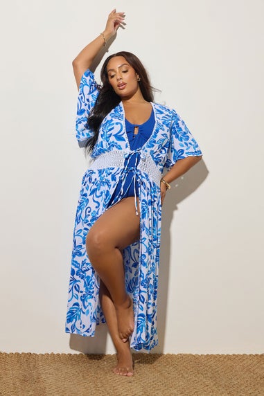 Yours Curve Blue Palm Print Crochet Maxi Kimono