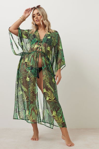 Yours Curve Black Chiffon Tropical Palm Print Maxi Kimono