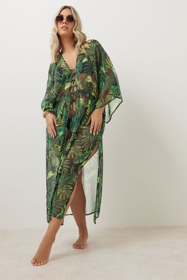 Yours Curve Black Chiffon Tropical Palm Print Maxi Kimono