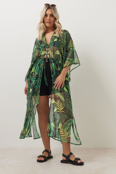 Yours Curve Black Chiffon Tropical Palm Print Maxi Kimono