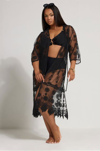 Yours Curve Black Western Lace Kimono