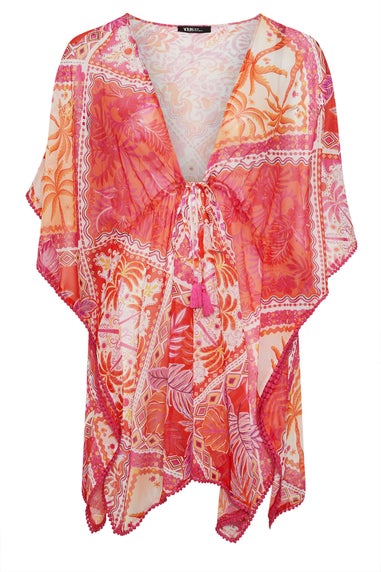 Yours Curve Pink Tropical Palm Print Chiffon Kimono