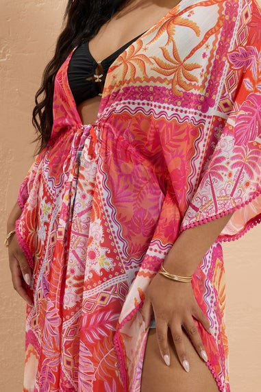 Yours Curve Pink Tropical Palm Print Chiffon Kimono