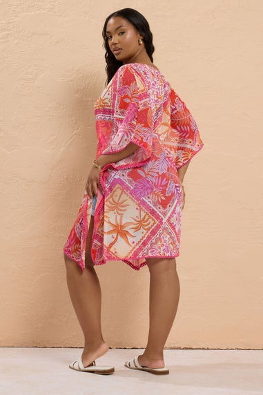 Yours Curve Pink Tropical Palm Print Chiffon Kimono