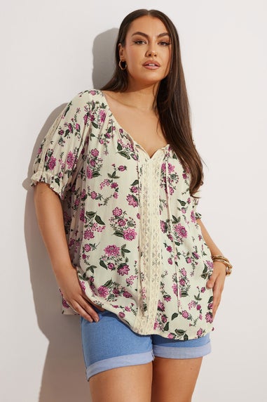 Yours Curve Cream Crochet Detail Tie Front Top