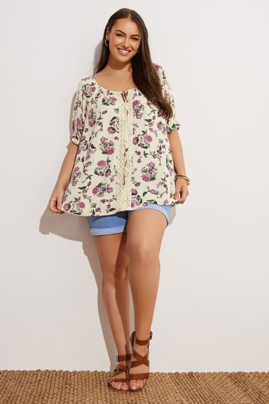 Yours Curve Cream Crochet Detail Tie Front Top