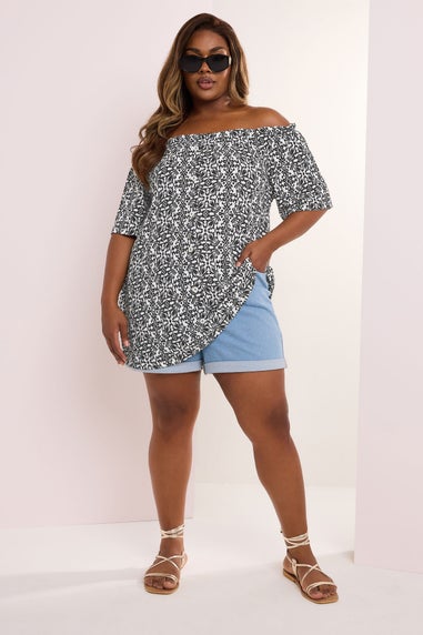 Yours Curve Black Textured Tile Print Bardot Top