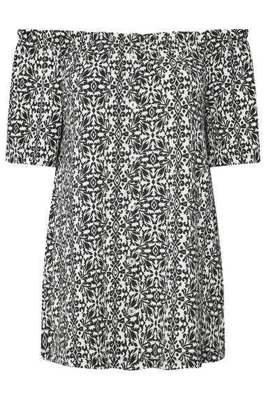 Yours Curve Black Textured Tile Print Bardot Top