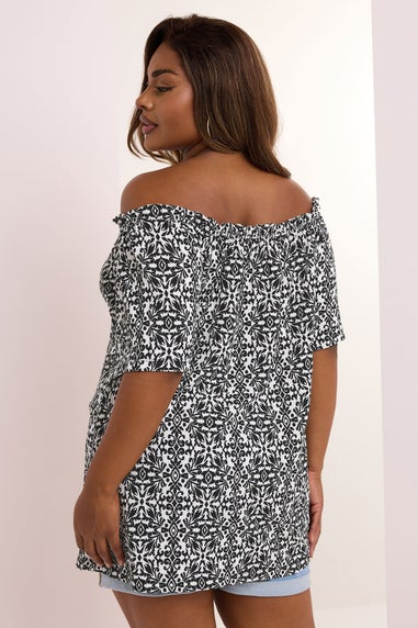 Yours Curve Black Textured Tile Print Bardot Top